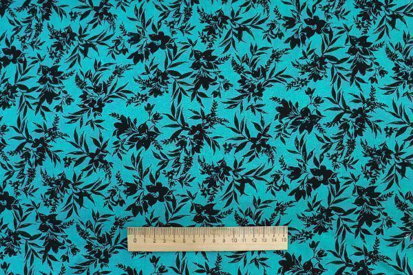 Штапель принт/цветы черные на бирюзовом 1374-PY/D#10/C#3