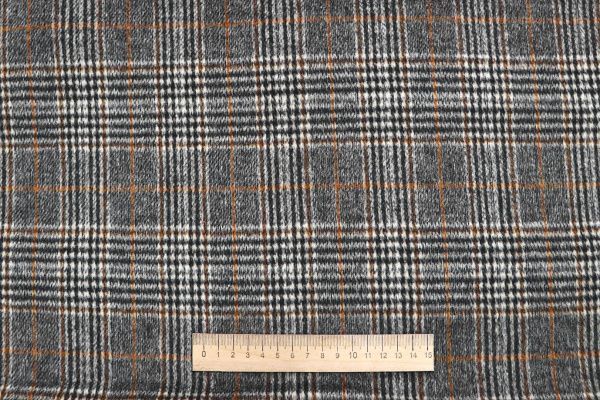 Пальтовая ткань "Микроворса" принт/клетка бело-оранжевая на сером 1371-23331/C#1
