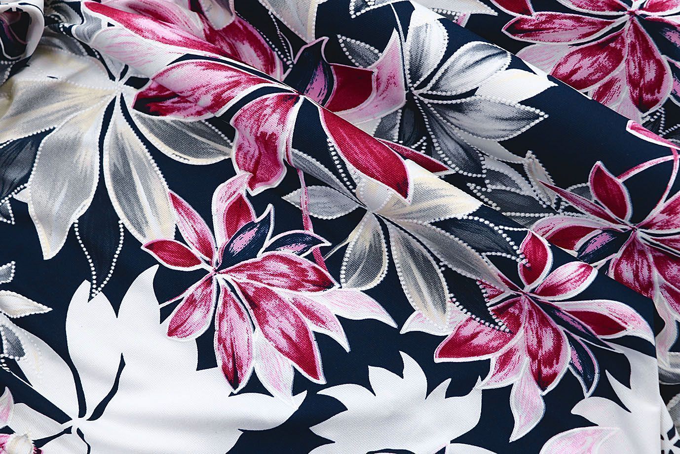 Трикотаж масло браш принт/листья красно-белые на синем SSR-709/D#3/C#1 (15883)