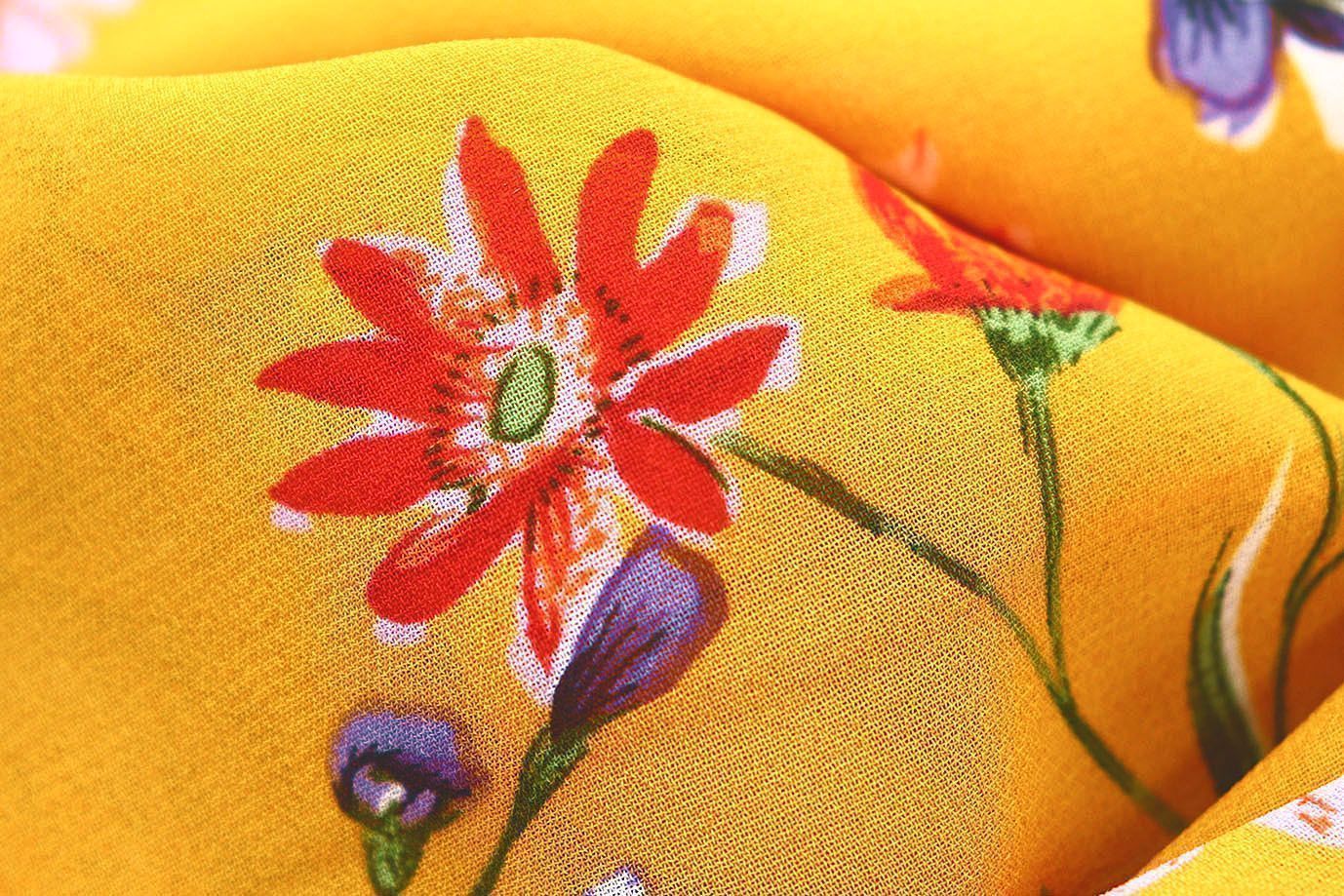 Шифон принт/цветы красно-фиолетовые на желто-оранжевом 3707-PY/D#2/C#4