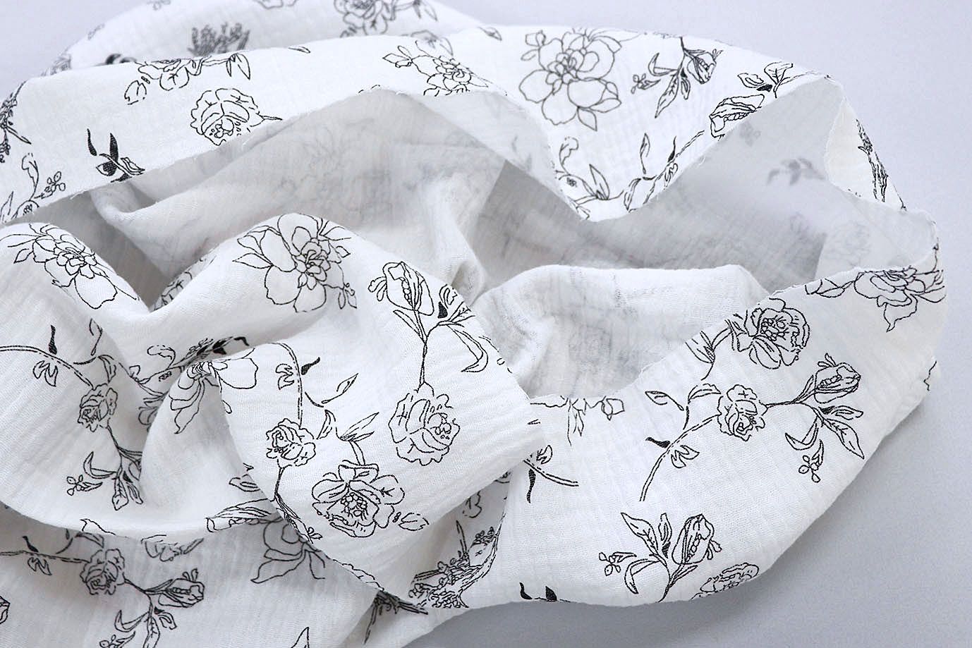 Муслин принт/цветы черные на белом 1393-PY/D#3/C#2