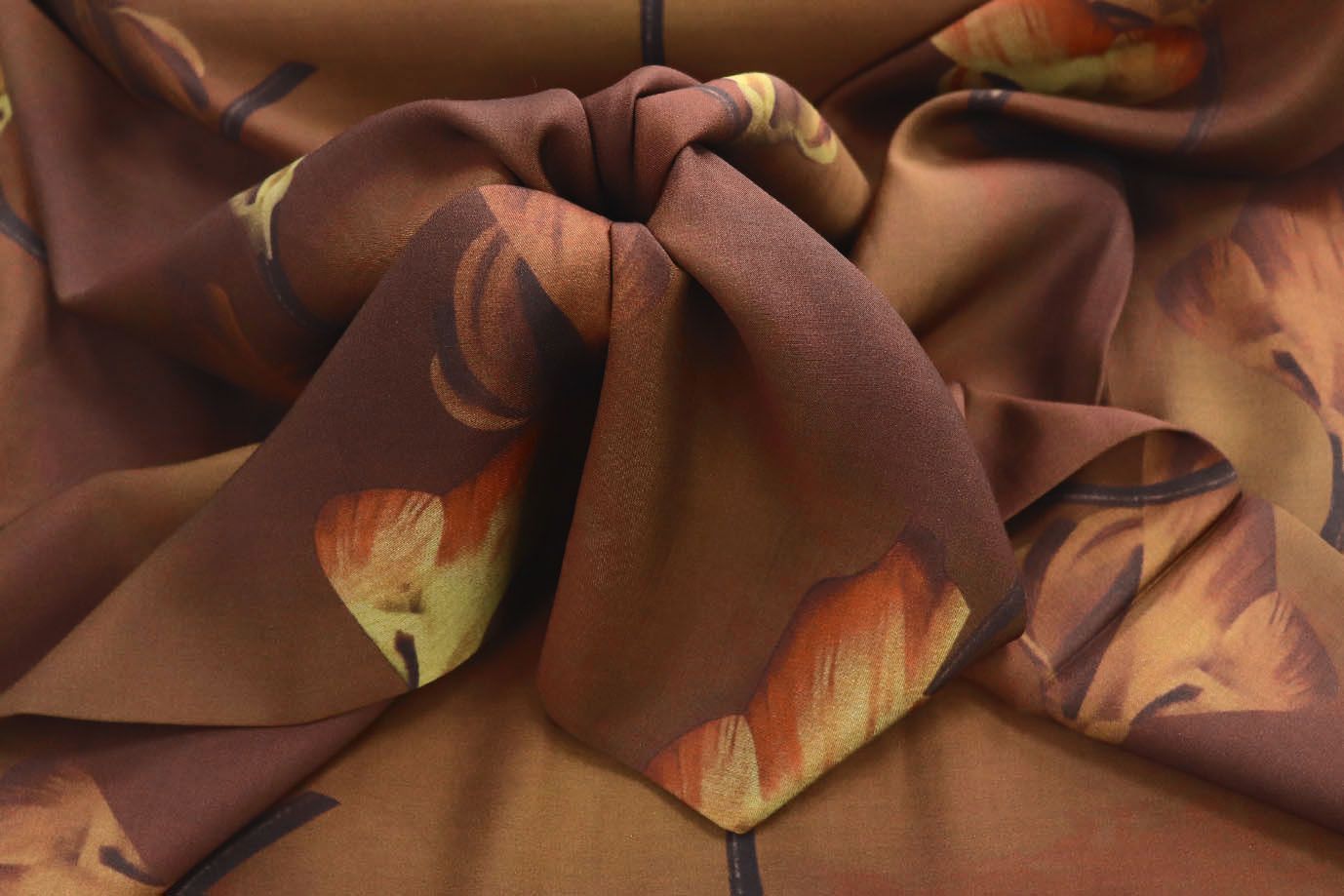 Сатин "Морокко" принт/цветы желто-оранжевые на коричневом 3888-PY/D#1/C#1