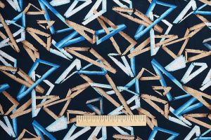 Трикотаж "Модал" принт/треугольники бежево-голубые на синем 3602-PY/D#10/C#1
