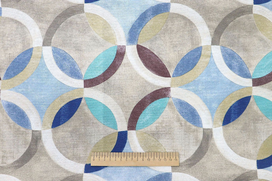Ткань домашнего текстиля принт/круги бело-синие на сером Ritmo-Azul