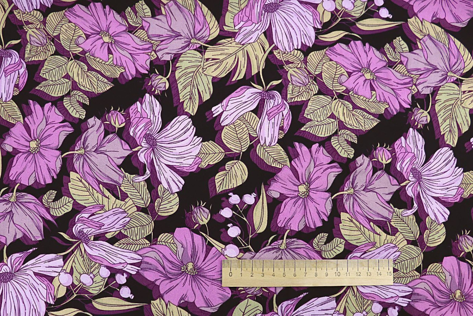 Штапель принт/цветы сиренево-желтые на черном 3670-PY/D#7/C#2 (11537)