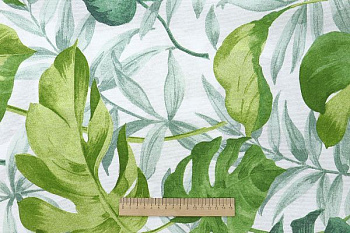 Ткань домашнего текстиля принт/листья мятно-зеленые на белом Congo-Verde