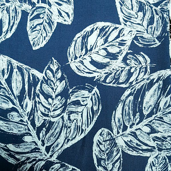 Лен принт/листья белые на синем 2678-PY/D#8/C#3 NAVY