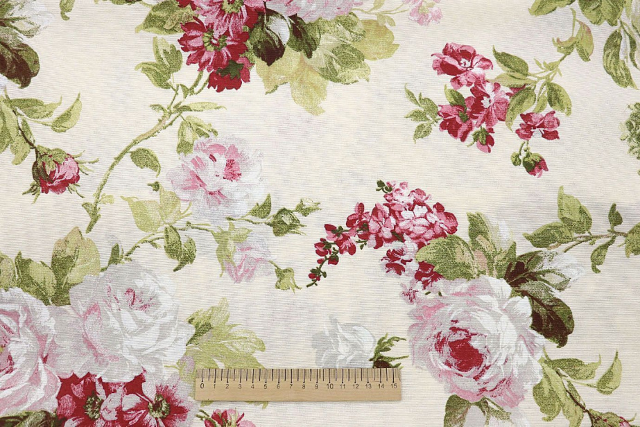Ткань домашнего текстиля принт/цветы бордово-розовые на молочном Eliana-Rosa